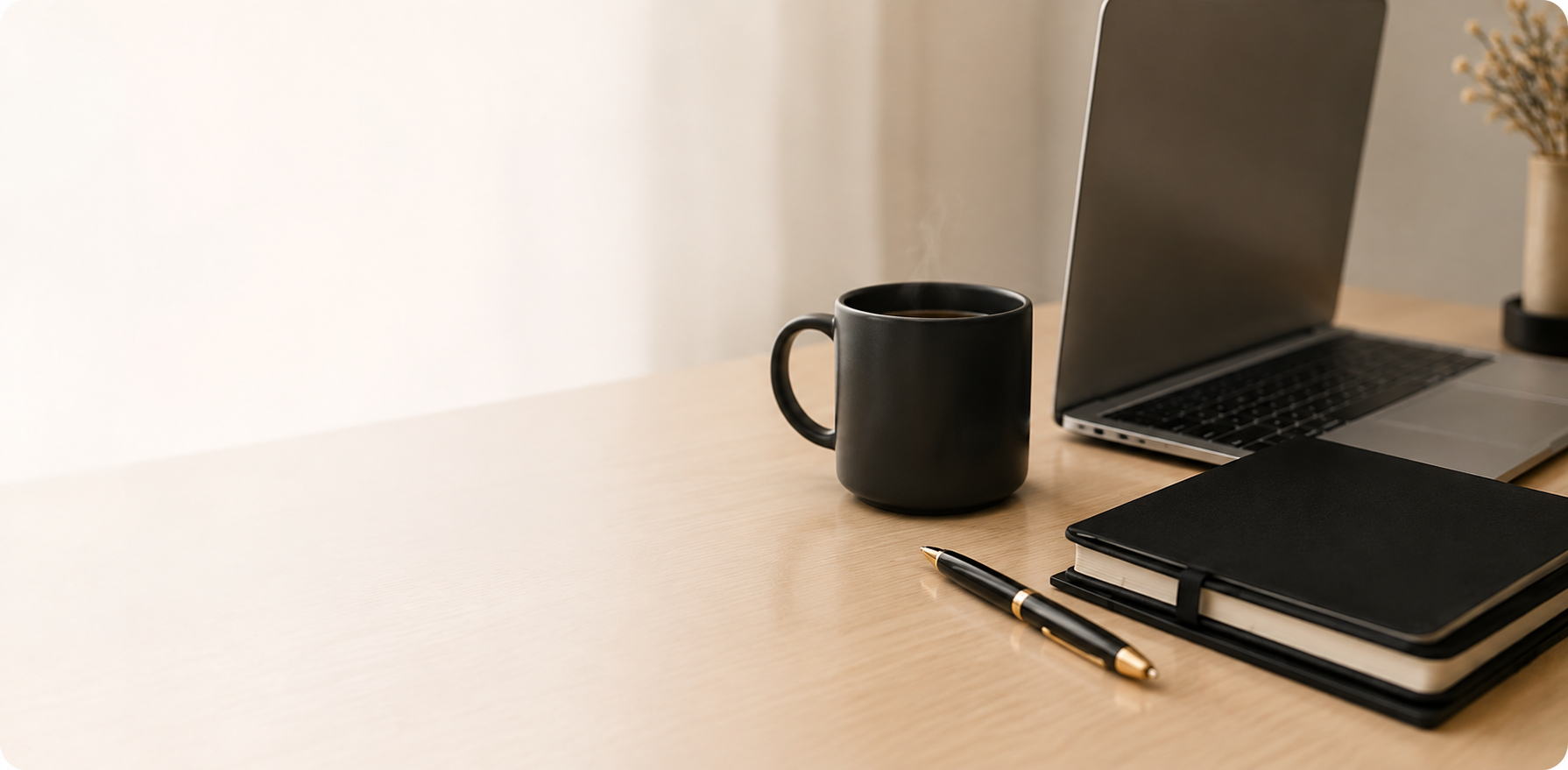 Espace de travail avec ordinateur, carnet et tasse